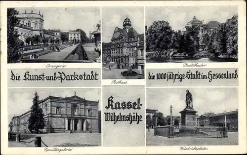 Ak Bad Wilhelmshöhe Kassel in Hessen, Orangerie, Gemäldegalerie, Rathaus, Staatstheater