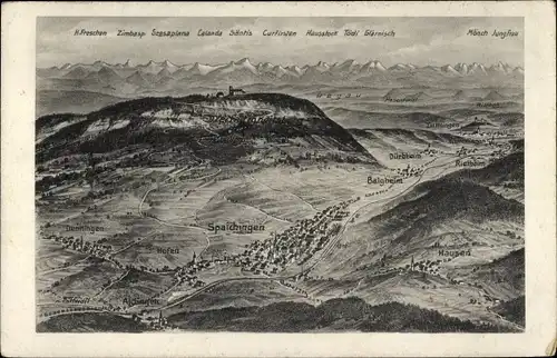 Landkarten Ak Spaichingen in Württemberg, Alpen, Säntis, Mönch, Jungfrau, Hausen, Hofen, Balgheim