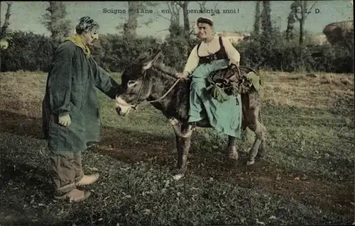 Ak Frau in französischer Tracht reitet auf Esel, Korb, Treffen, Gespräch