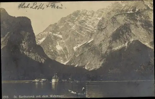 Ak Sankt Bartholomä Schönau am Königssee, Boot, Watzmann