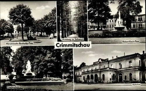 Ak Crimmitschau in Sachsen, Bahnhof, Robert-Koch-Platz, Mendelssohn-Bartholdy-Platz, Friedenshain