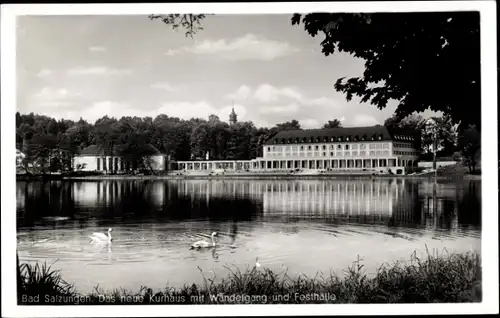 Ak Bad Salzungen in Thüringen, neues Kurhaus, Wändelgang, Festhalle, Schwäne