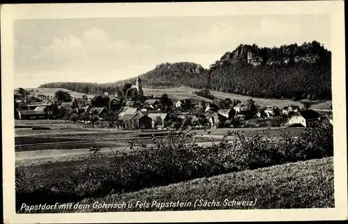 Ak Papstdorf Gohrisch in Sachsen, Ortspanorama, Fels Papststein