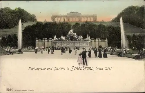 Ak Wien 13 Hietzing Österreich, Schönbrunn, Neptungrotte, Gloriette, Fontänen