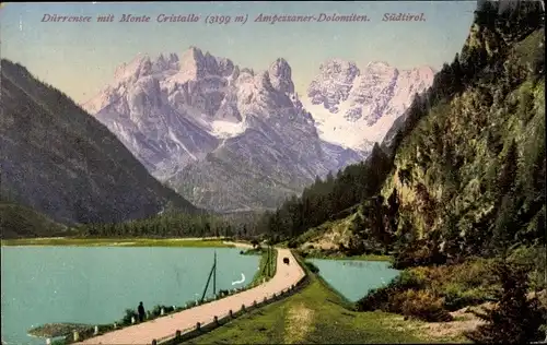 Ak Landro Höhlenstein Südtirol, Lago di Landro, Dürrensee, Blick auf Monte Cristallo