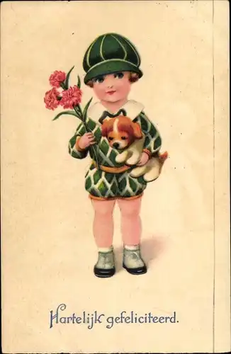 Ak Glückwunsch Geburtstag, Mädchen mit Hund und Nelken