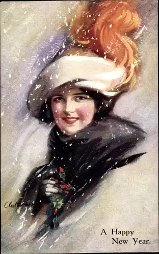 Künstler Ak Glückliches Neujahr, Frauenportrait, Schneeflocken