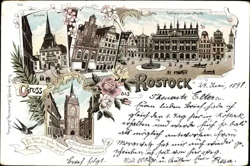 Litho Hansestadt Rostock, Kröpeliner Tor, Rathaus, Neuer Markt, Alte Giebelhäuser