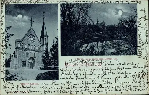 Mondschein Ak Bad Doberan in Mecklenburg, Althöfer Kapelle, Kirche v. englischen Garten aus, Nacht