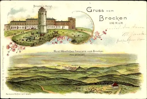 Litho Brocken Nationalpark Harz, Brockenhotel Louis Brüning, Panorama