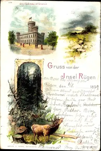Litho Granitz Seebad Binz auf Rügen, Jagdschloss, Hirsch