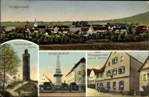 Ak Großgartach Leingarten in Württemberg, Geschäft K. Röslen, Heuchelberger Warte, Kriegerdenkmal