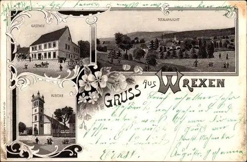 Litho Wrexen Diemelstadt Waldeck Hessen, Gasthof, Kirche, Gesamtansicht