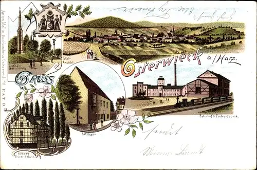 Litho Osterwieck am Harz, Panorama, Denkmal, Höhere Privatschule, Rathaus, Bahnhof, Zuckerfabrik