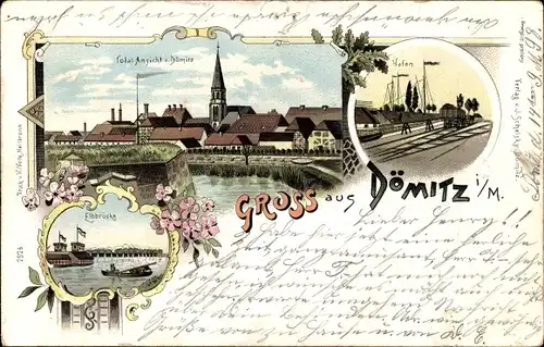 Litho Dömitz an der Elbe Mecklenburg, Blick auf den Ort, Hafen, Elbbrücke