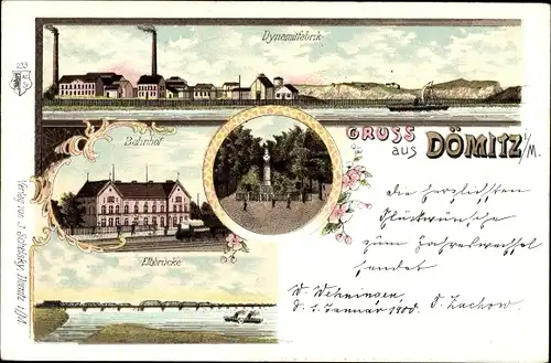Litho Dömitz an der Elbe Mecklenburg, Dynamitfabrik, Bahnhof, Kriegerdenkmal, Elbbrücke