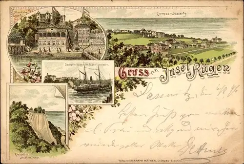 Litho Sassnitz auf Rügen, Strand, Crampas, Hafen, Dampfer Rügen, Königstuhl, Stubbenkammer