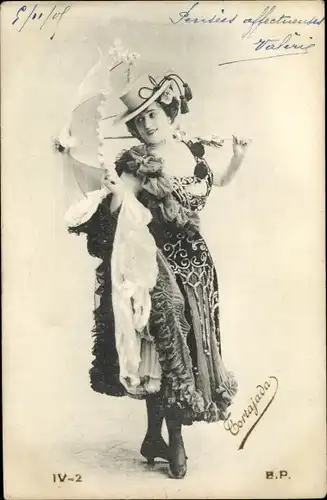 Ak Spanische Tänzerin La Tortajada, Portrait mit Sonnenschirm