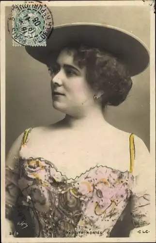 Ak Spanische Tänzerin Paquita Montes, Portrait mit Hut