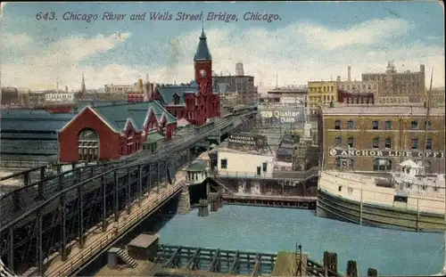 Ak Chicago Illinois USA, Chicago River, Wells Street Bridge