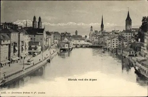 Ak Zürich Stadt Schweiz, Stadtbild mit Alpenpanorama