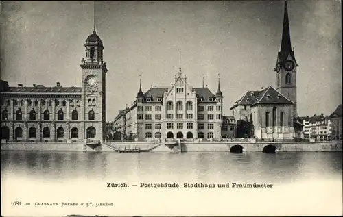 Ak Zürich, Postgebäude, Stadthaus und Fraumünster