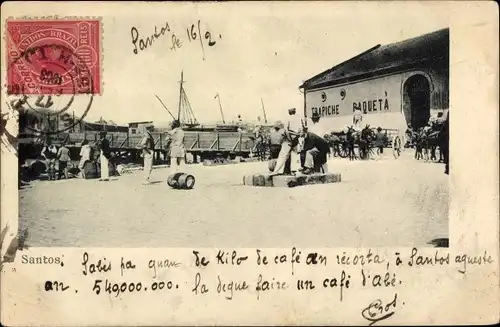 Ak Santos Brasilien, Partie im Hafen, Lagerhalle, Hafenarbeiter