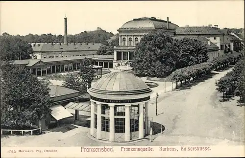 Ak Františkovy Lázně Franzensbad Region Karlsbad, Franzensquelle, Kurhaus, Kaiserstraße