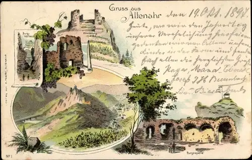 Litho Altenahr im Ahrtal, Panorama, Burgkapelle, Burgverliess