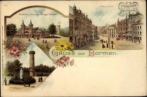 Litho Wuppertal Barmen, Altenmarkt, Stadthalle und Plateau, Kriegerdenkmal