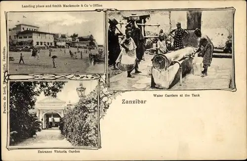 Ak Zanzibar Sansibar Tansania, Wasserträger, Anlegestelle, Victoria Garden