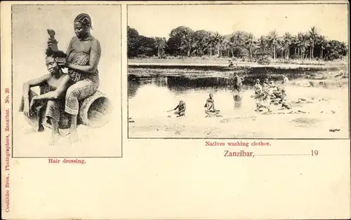 Ak Zanzibar Sansibar Tansania, Friseurin, Waschstelle am Fluss