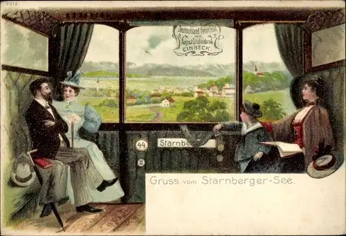 Litho Oberammergau in Oberbayern, Blick aus dem Bahncoupé, Passagiere, Bahnabteil