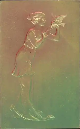 Relief Ak Frau verschickt einen Brief, Vogel, Frau-Portrait