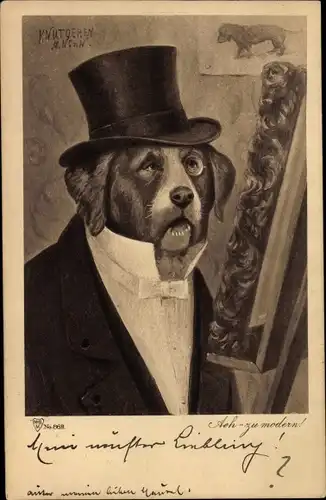 Künstler Litho Oeren, K., Hund mit Zylinder, Anzug, Fliege