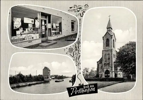 Ak Pollhagen in Niedersachsen, Geschäft, Kirche, Mittellandkanal
