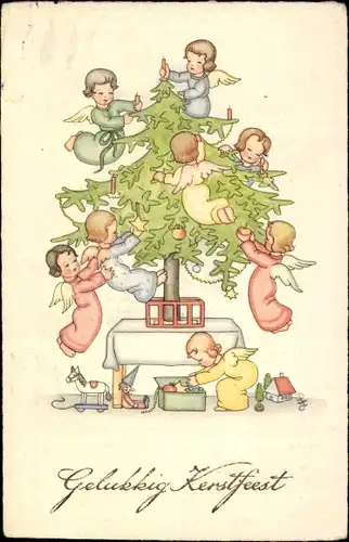 Ak Glückwunsch Weihnachten, Engel schmücken den Tannenbaum