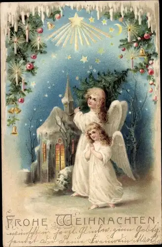 Litho Glückwunsch Weihnachten, Engel, Kirche, Tannenbaum, Glocken