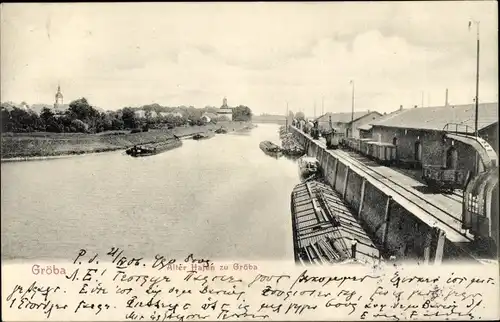 Ak Gröba Riesa an der Elbe, Alter Hafen, Lastkähne, Bahnstrecke, Kräne