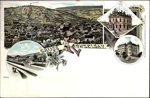 Litho Künzelsau am Kocher Hohenlohekreis, Post, Seminar, Bahnhof, Gleisseite, Totalansicht