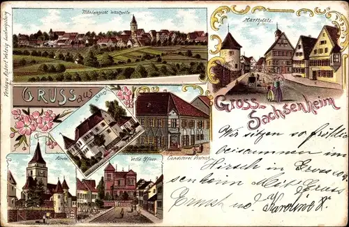 Litho Großsachsenheim Sachsenheim in Württemberg, Marktplatz, Konditorei, Totalansicht