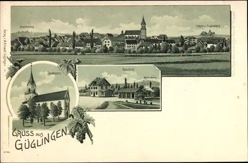 Litho Güglingen in Württemberg, Bahnhof, Stadtkirche, Totalansicht