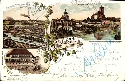 Litho Lauffen am Neckar, Portland Zementfabrik, Gasthaus zum Hirsch, Totalansicht