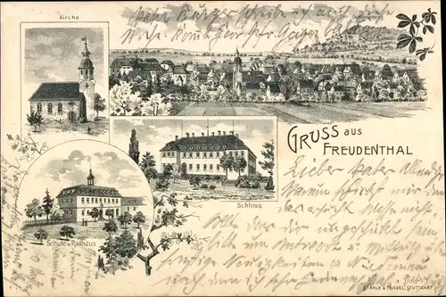 Litho Freudental in Württemberg, Kirche, Schule, Rathaus, Schloss, Totalansicht