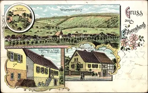 Litho Eibensbach Güglingen in Baden Württemberg, Gasthaus zur Rose, Totalansicht