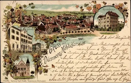 Litho Dürrmenz Mühlacker im Enzkreis Baden Württemberg, Krankenhaus, Katholische Kirche, Bahnhof