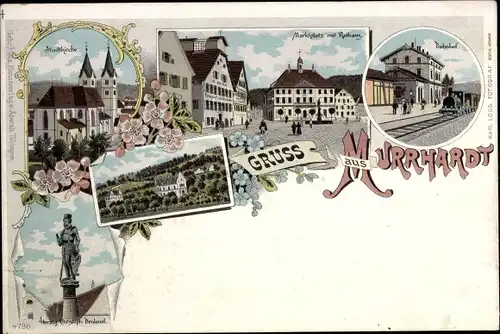 Litho Murrhardt in Baden Württemberg, Herzog Christoph Denkmal, Bahnhof, Rathaus, Marktplatz