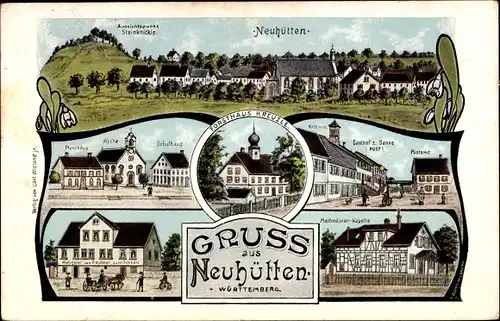 Litho Neuhütten Wüstenrot in Württemberg, Kirche, Schule, Pfarrhaus, Gasthaus, Methodisten-Kapelle