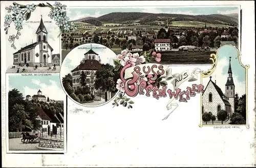 Litho Oppenweiler in Baden Württemberg, Schloss, katholische und evangelische Kirche