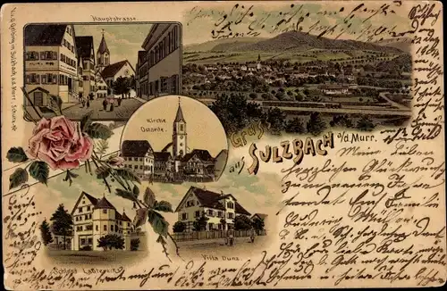 Litho Sulzbach an der Murr, Hauptstraße, Kirche, Schloss Lautereck, Villa Dunz, Panorama vom Ort